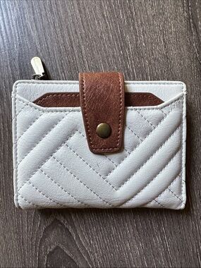 Quilted White Card Wallet with Brown Snap Tab